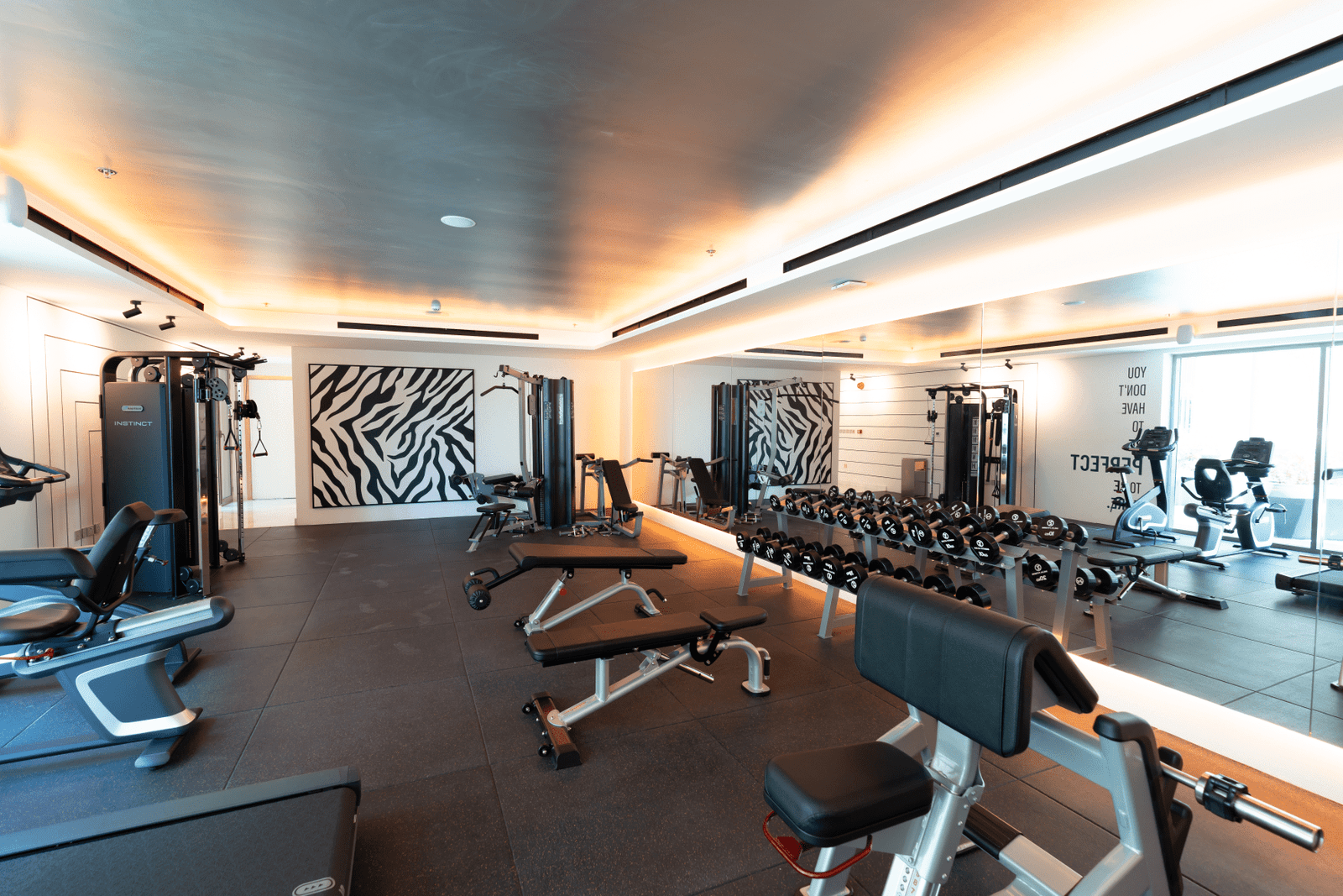 Spacious gym with modern equipment, mirrors, and zebra-themed decor.